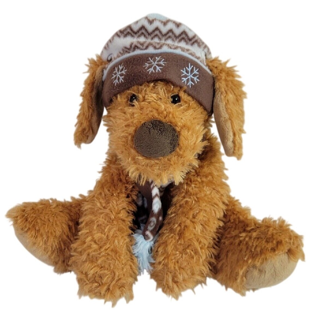 Hugfun Plush Puppy Dog Winter Hat Scarf Snowflake Shaggy Brown Tan Small